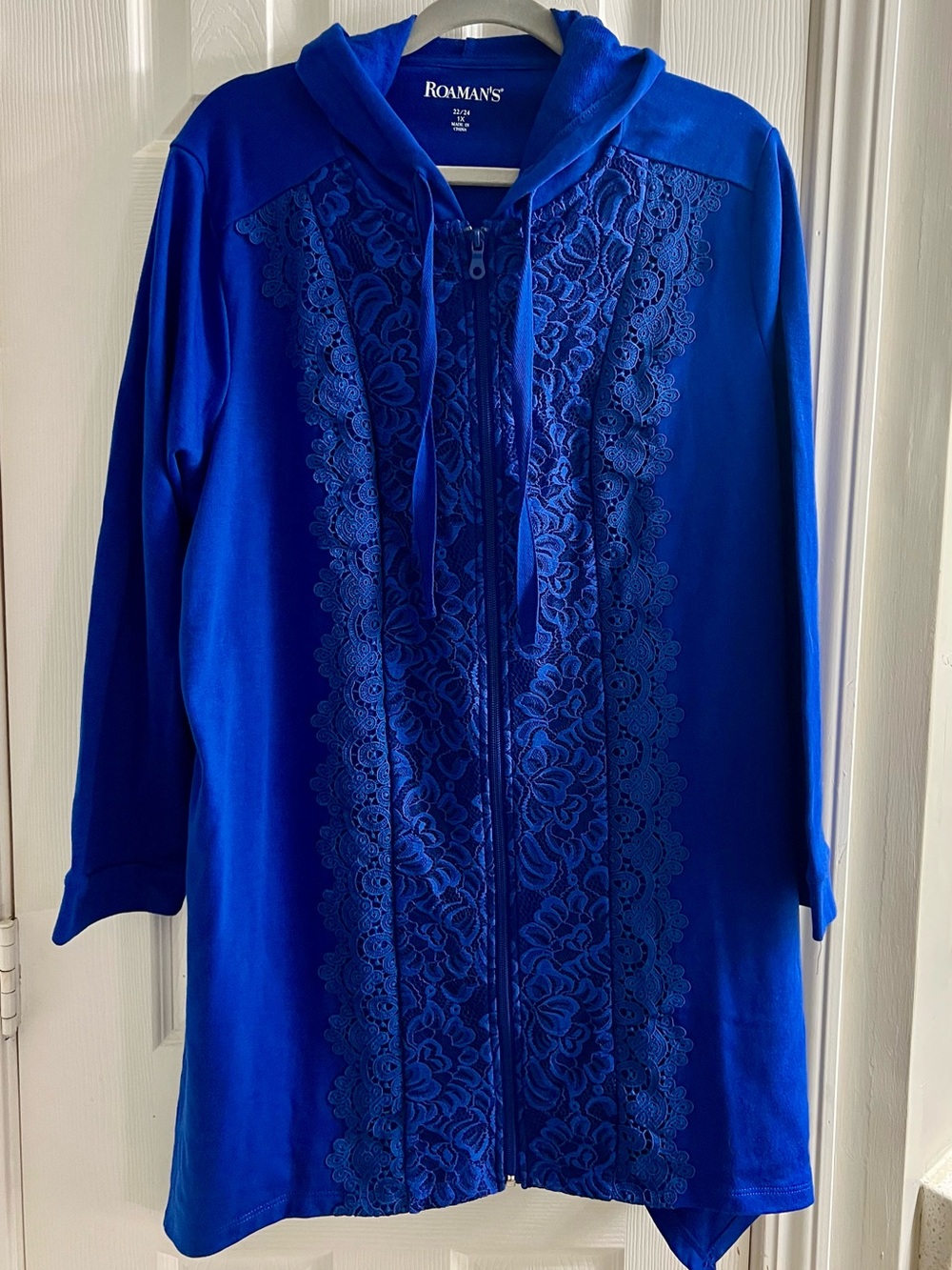 Roaman's Blue Lace-Front Hooded Zip Cardigan
